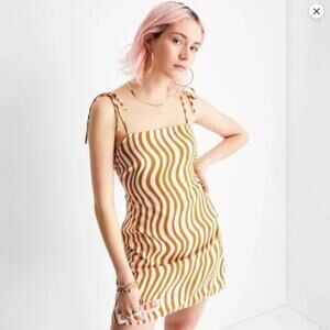 Future Collective Strappy Linen Wave Print Mini Dress Sleeveless - Yellow XS